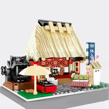 Pilsētas Ielu Japāņu Arhitektūras Bloku Komplekts DIY Suši Tea House Takoyaki Dēļ Veikala Ēka, Ķieģeļu Rotaļlietas Zēniem Meitenēm