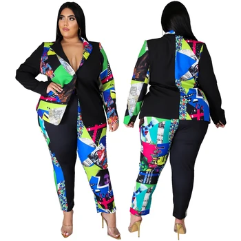 Plus Lieluma Apģērbu XL-5XL 2 Gabals, kas Sievietēm Fall Winter Drukāt Uzvalks Jaka un Strecth Apģērbs Biroja Dāmas divas gabals kostīmi