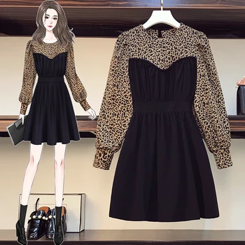 Plus lieluma sievietēm rudens leopard garām piedurknēm raibs-line kleitas sievietēm augsta vidukļa sexy puse kleitas sievietēm vestidos 2020