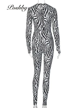 Poshby Jumpsuits Drēbes Ar Garām Piedurknēm Zebra Drukāt Bodycon Rāvējslēdzēju Vienā Gabalā Sexy Kombinezonus Ir 2021. Sieviešu Ikdienas Legging Sieviešu Apģērbs