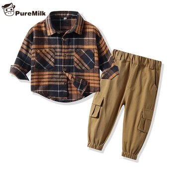 PureMilk Pleds Krekls, Bikses Ar Kokvilnas Bērnu Apģērbu Komplekts 2GAB Uzstādīt Zēnu Drēbes