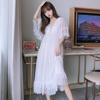 Rudens Pusi Piedurknēm Sieviešu Garās Nightgowns Mežģīnes, Smalku Mežģīņu Apdari Meitenes Mežģīnes Kravu Plānas Vintage Princese Sleepwear