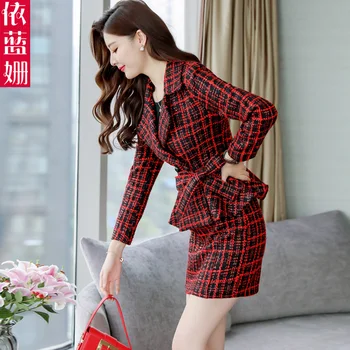 Rudens kleita jaunu sieviešu kleitu korejiešu versija modes vilnas kleita divi-gabals, kas mazo Hong Kong stila materiāla tērps, kleita