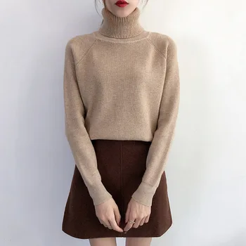 Rudens ziemas jauno cieto augstu uzrullētu apkakli džemperis džemperis sievietēm ir 2021. gadam zaudēt zemāko biezs krekls garām piedurknēm adīts džemperis top