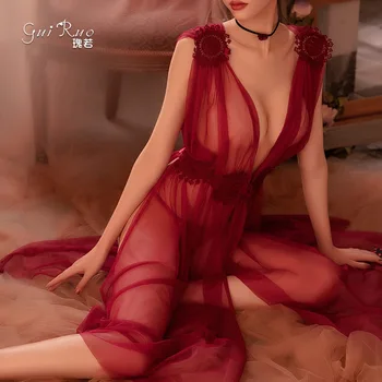 Sexy Lingerie Kārdinājumam Acs Nightdress plāna Sadaļu, V-veida kakla Mežģīnes Siksna Apakšveļa Mežģīņu Caurspīdīgs Pidžamas Komplekts Sleepwear Komplekti