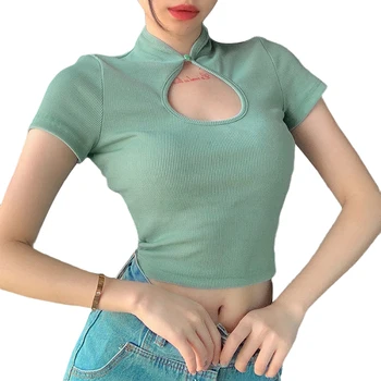 Sexy Sievietes Dobi no Tee topi Vasaras Gadījuma pamata cietā augsta kakla Džemperi ar Īsām piedurknēm Slim Kultūraugu top Modes Elastīgs T Krekls