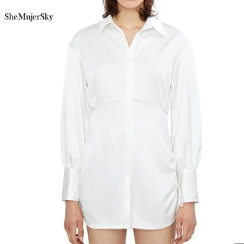 SheMujerSky Rudens Balts Krekls, Kleita Sievietēm Ar Garām Piedurknēm Slim Mežģīnes Up Īsu Kleitu 2019 Elegants Bodycon Kleitas