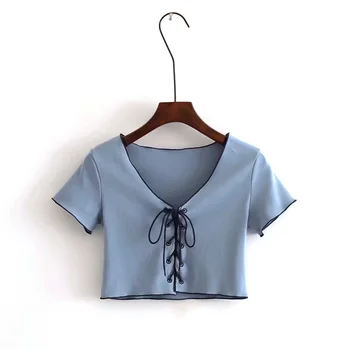 Sievietes, seksīgas Mežģīnes-Up kultūru top slinky īsām piedurknēm v-veida kakla t-krekls vasaras Gadījuma Cietā Topi krekls īsām tee blusa