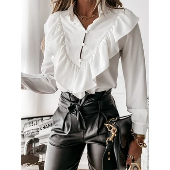 Sieviešu Dziļu V-veida kakla Ruffles Krekls, Blūze Ir 2021. Pavasara Punkti Drukas Outwear Gadījuma Rudens garām Piedurknēm Mīksti Topi ar garām Piedurknēm OLA Krekli