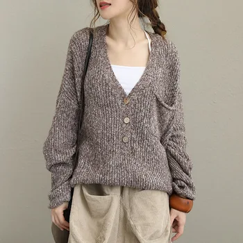 Sieviešu Ikdienas Zaudēt Slinks Džemperis tīrtoņa Krāsu Japānas Stila Ikdienas Adīt Džemperi Vintage V-veida kakla OLA Džemperi Streetwear Sieviešu Topi