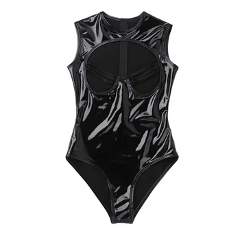 Sieviešu Lakādas Sexy Apakšveļa Bodysuits Sandales ķermeņa Formas tērps Naktsklubs Lateksa Apģērbu Catsuit apakšveļa, erotiska Clubwear