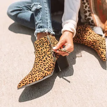 Sieviešu Leopards Drukāt Potītes Zābaki Kvadrātveida Papēdi Modes Norādīja Toe Dāmas Sexy kurpes 2020 