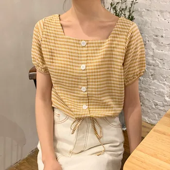 Sieviešu Modes Pleds Blūzes, Krekli 2019 Jauno Vasaras Gadījuma Īsām Piedurknēm Blūze Blusas Birojs, Dāmu Topi, Korejas Sieviešu Drēbes