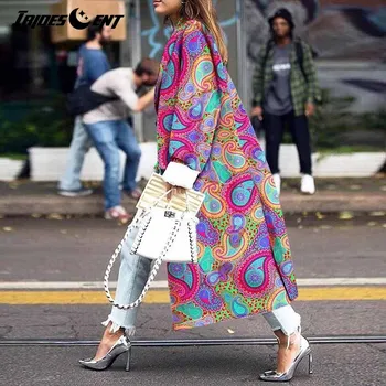 Sieviešu Vintage Drukā Ilgi, Uzrakt Mētelis Rudens Modes Elegants Laternu garām Piedurknēm Vējjaka Sieviešu 5XL Gadījuma Streetwear