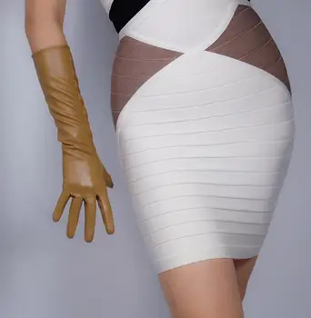 Sieviešu modes sexy slim mākslīgās pu ādas cimdu dāmu kluba darbības oficiālas personas āda ilgi brūna cimdu 40cm R1950