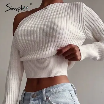 Simplee Sexy cietā sievietes viena pleca, trikotāžas džemperis slim garām piedurknēm apkakles Džemperis puse High street džemperis ziemas 2020
