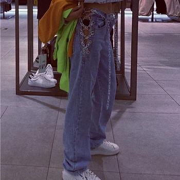 TWOTWINSTYLE Gadījuma Pilna Garuma Bikses ar Augstu Wiast Raibs Ķēdes Hit Krāsu Taisni Vintage Jeans Sieviešu Apģērbu Modes
