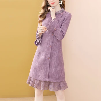 Tikai Plus Violeta Vintage-Line Kleitas Izlīdzināšanu Mežģīņu Piedurknēm Raibs Hem Salds Gadījuma Ziemas O-Veida Kakla Romatic Sieviešu Kleitas Jaunas