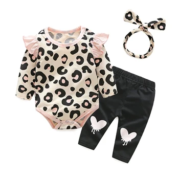 Top un Top Baby Girl Apģērbu Komplektus ar garām Piedurknēm Leopards Drukāt Tshirt Top+Trouseres+Galvas 3Pcs Gadījuma Tērpiem, Tracksuit bebes