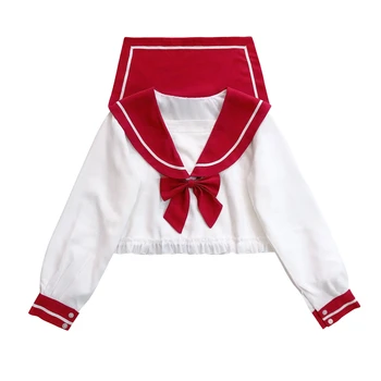 Vintage Jūrnieks Navy Apkakles Balts Krekls Sievietēm Cute Drēbes Harajuku Kawaii Garām Piedurknēm Crop Topi Lolita Anime Cosplay Mežģīņu Blūze