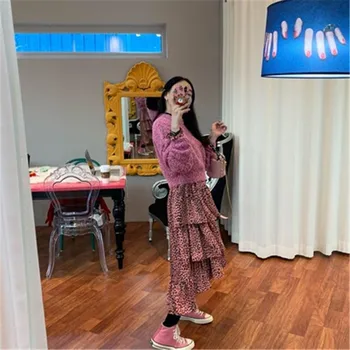 Vintage Sievietes Kleitu korejas Gadījuma Hit Krāsu Rozā Leopard garām Piedurknēm ar Mežģīņu Kūka Vestidos Sieviešu Modes Jūra Ir 2021. Pavasarī