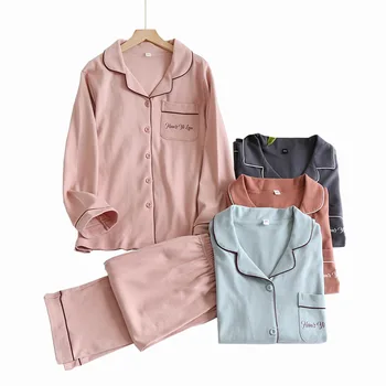 Vīriešu Un Sieviešu Pilnīgu Kokvilnas Pidžamas Komplekts Mīļotājiem Komfortu tīrtoņa Krāsu Homewear 2020. Gada Pavasarī Jauno Pāri, Turn-Apkakle Sleepwear