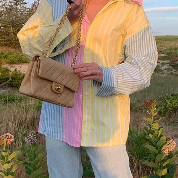 Weekeep Svītrainām Iespiesti Daudzām Sievietēm Vintage 90s Krekls Lielgabarīta Modes Pogu Krāsains Blūzes Streetwear Harajuku Apģērbi