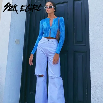 Y2K EGIRL Vintage Streetwear Augsta Vidukļa Baggy Džinsi 2000s Estētika Caurumu Plaša Kāju Baltas Džinsa auduma Garās Bikses 90s Modes Bikses