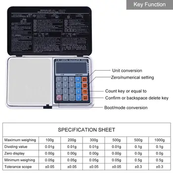 Yieryi Mini Digitālie Svari Elektroniskie 6 in 1 Multi-function 100g/200g/300g/500g/1000g svara balanss Ar Palmu Kalkulators Dizains