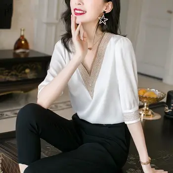 Šifona blūze sievietēm 2020. gada vasaras jaunā modes v-veida kakla izšūtu balts krekls sievietēm