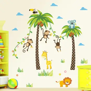 Žirafe, Lauva, Pērtiķis Palmu Koku Meža Dzīvniekiem, Sienas uzlīmes Bērniem, Bērnu Istabas, Guļamistabas Sienas Pirmsskolas Uzlīmes Plakātu Uz Sienas