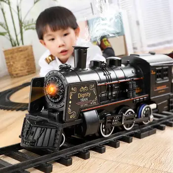 1:43 Mēroga Die Casting Dūmu Simulācijas Elektrisko Vilcienu Rotaļlietas Sliedēm Dinamisku Tvaika Vilciena Modeli Dzelzceļa Komplekts Auto Ķēdes Bērniem Rotaļlietas