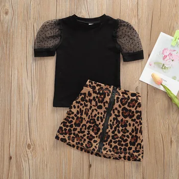 1-6Years Toddler Jaundzimušais Meitene Vasaras Modes Apģērbu Komplekts Mežģīņu Īsās Piedurknes Stabilu Top Leopards Izdrukāt Rāvējslēdzēju Svārki 2Pcs Set