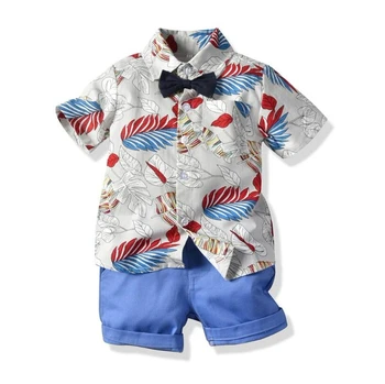 2019 Jaunas Ielidošanas Zēnu Drēbes Uzvalks Modes Īss piedurknēm Krekls Bikses 2 Gabals, kas Ziedu Džentlmenis Loku Komplekts Skaists Puika Uzvalks