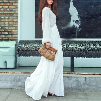 2019 Jauno Vasaras Sieviešu Grīdas-Garums Maxi Šifona Kleita Pludmales Kleitas ar garām Piedurknēm, Sieviešu Elegants Baltās Kleitas Femme Vestdiaos