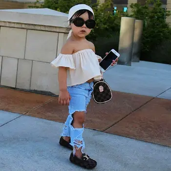 2019 Modes Toddler Meitenes Bērniem Pie Pleca Caurules Tops + Džinsa Bikses+ Handband 3pcs Apģērbs, Apģērbu Komplekts