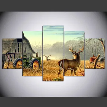 5 audekla gabals Dzīvnieku Whitetail Brieži Saimniecībā koka māju Traktoru Audekls attēlu krāsošana dekori izdrukāt plakātu sienas māksla
