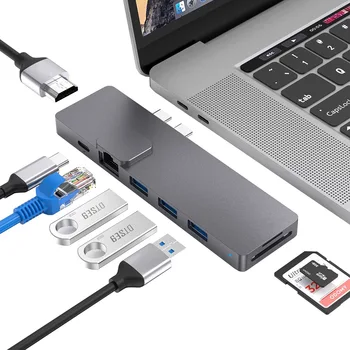 8 1 C Tipa Rumbu Adapteris ar Thunderbolt 3 4K IZŠĶIRTSPĒJAS 3 USB 3.0 Pieslēgvietām, SD TF Karšu Lasītājs HD, USB-C centrs MacBook Pro 2018 2019