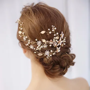 AiliBride Zelta Ziedu Kristāla Pērle Līgavas Galvas stīpa Kāzu Headpiece Hairband Matu Vīnogulāju Rotaslietas Kāzu Matu Aksesuāri FD630