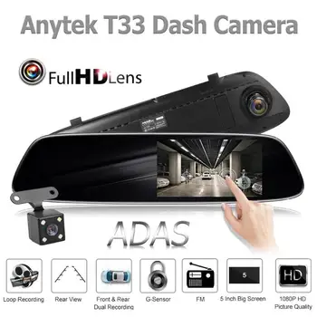 Anytek Auto Elektronika DVR Transportlīdzekļa Kamera T33+ 5.0 Collu IPS Auto Atpakaļskata Spogulī, DVR Kamera ADAS Auto Dash Kameru Video Ieraksti