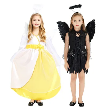 Balta Melna Meitene Bērniem Eņģeļa Spārnus Halo Gredzenu Princese Cosplay Bērniem Puses Halloween Karnevāla Kostīms Bērniem Ziemassvētku