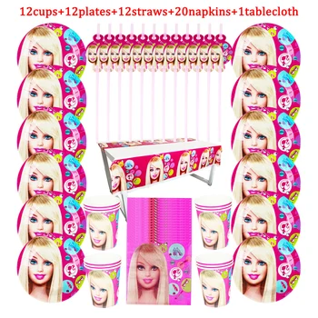Barbie Puse Tēma 57Pcs Vienreizējās lietošanas Galda piederumi Dizaina Kazlēnu Dzimšanas dienas svinības Papīra Plate+Kauss+Salvetes+ Salmi+Galdauts Grupa Krājumi