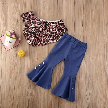 Bērniem, Baby Meiteņu Drēbes Leopard Pie Pleca Ar Garām Piedurknēm Ruffles Topi Pogas Uzliesmoja Džinsa Bikses Apģērbs, Apģērbs, 1-6 Gadiem