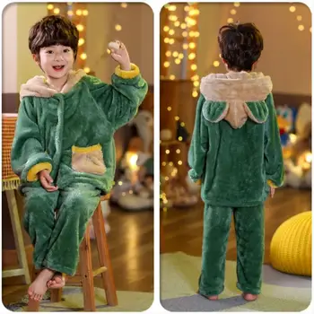 Bērnu Flaneļa Pidžamas Zēniem, Meitenēm, Jaunas Biezs Silts Karikatūras Kapuci Tops un Bikses Homewear Komplekti 2020 Rudens Ziemas Sleepwear Uzvalks