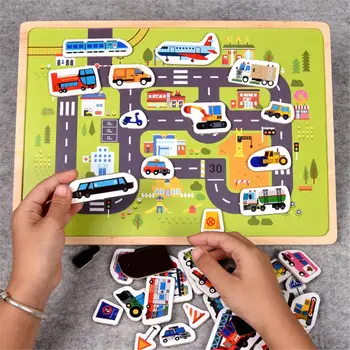 Bērnu Koka Magnētisko Puzzle Auto Saimniecības Skatuves Rotaļlieta Puzzle trīsdimensiju Magnētisko Puzzle Bērniem Piederumi