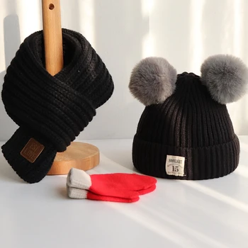 Bērnu cepure, šalle, cimdi trīs gabals, kas Rudenī un ziemā, zēni un meitenes siltas adītas cepures Cute baby zoda un kakla wrap