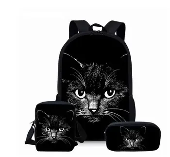 Chirldren ir 3PC Uzstādīt Skolas Mugursoma Gothic Black Cat Modelis Sākumskolas Bērniem Schoolbags Meitenes Ikdienas Grāmata, Somas Soma