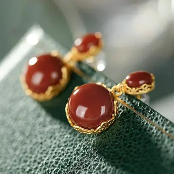 Dabas Hotan Dienvidu Red halcedons Ovālas formas Auskari Ķīniešu stila pils retro stilu unikālu seno zelta amatniecības sieviešu Svētku dāvanu