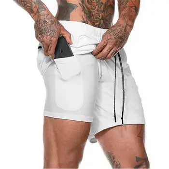 Doble capa Jogger pantalones cortos hombres 2 lv 1 pantalones cortos gimnasios Fitnesa construido-en el bolsillo de las Bermudas