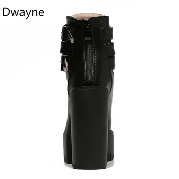 Dwayne 2019 Rudens Modes Sieviešu Zābaki 13cm Super Augstiem Papēžiem Platforma Sprādzes Mežģīnes Up Ādas Īsi Zābaciņi Dāmas Vienotā Zābaki